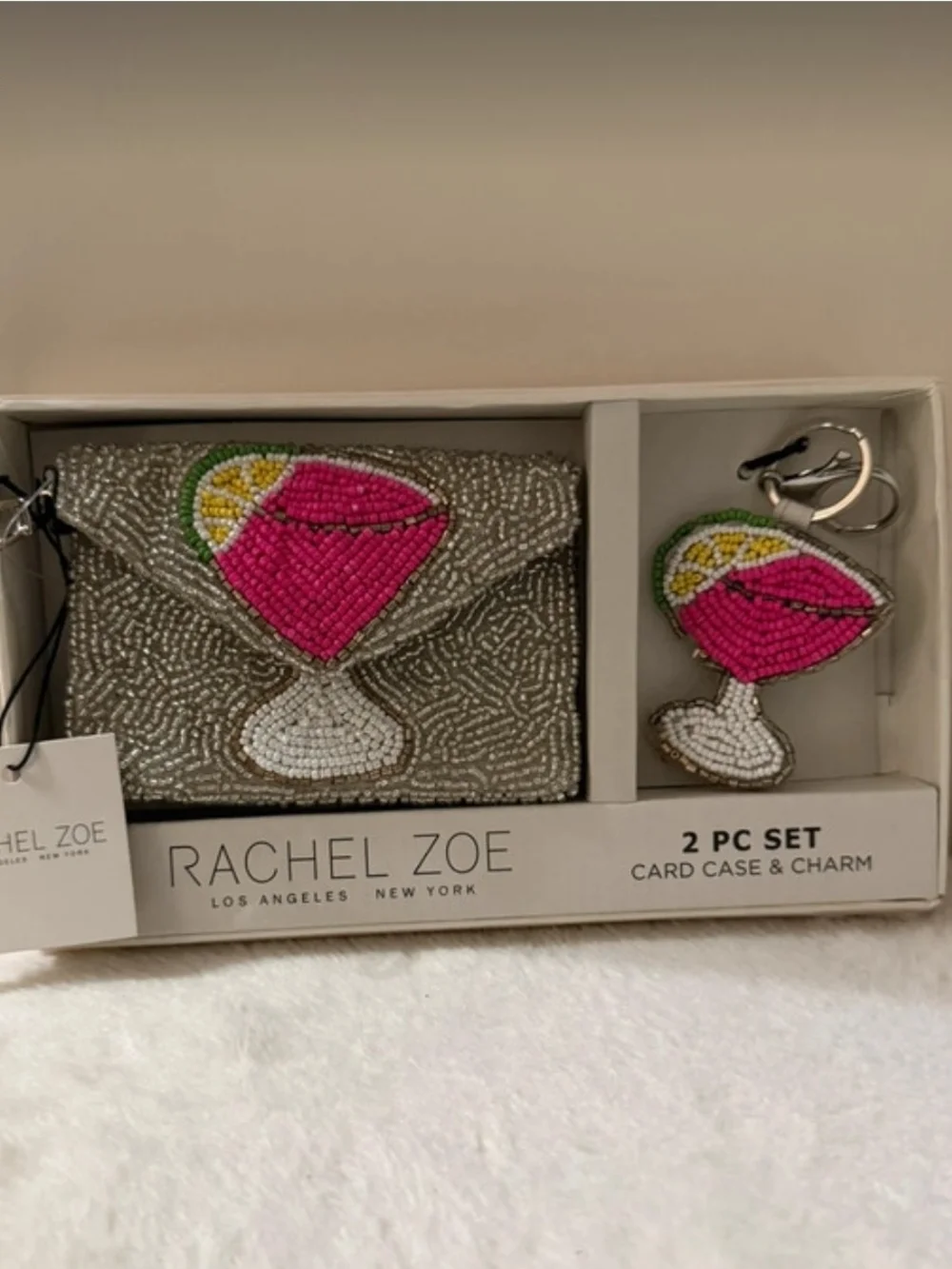 Rachel Zoe Silver Beaded Card Case & Pink Cocktail Charm Set
